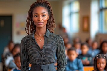 Educator engaging young students in classroom setting during daytime learning session, copy space for text