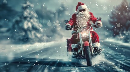 A santa riding a motorcycle in the snow