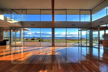 Windows Doors Panorama. House with Double Aluminium Doors and Windows in a Spacious Living Room