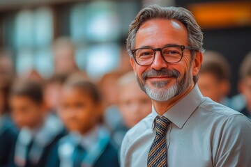 Smiling teacher in a classroom setting with students in the background during school hours, copy space for text