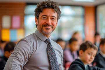 Obraz premium Smiling educator engaging with students during classroom activities in a modern learning environment, copy space for text