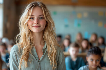 Fototapeta premium Young female student smiling in classroom with classmates in background during bright daytime, copy space for text