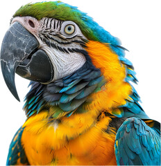 Fototapeta premium Vibrant close-up of a colorful macaw parrot, showcasing its vivid feathers and striking details against a white background.