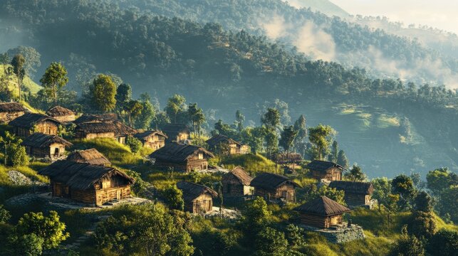 A tranquil Khamba village nestled in mountains, showcasing traditional architecture amidst vibrant greenery during early morning light