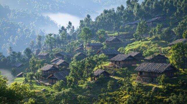 A picturesque Khamba village nestled among verdant hills, showcasing traditional architecture and serene natural beauty under a clear blue sky