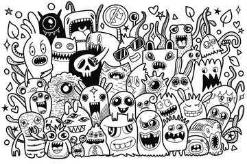 Hand-drawn illustrations, monsters doodle, Hand Drawn cartoon monster illustration,Cartoon crowd doodle hand-drawn Doodle style.black and white stripes coloring  book.