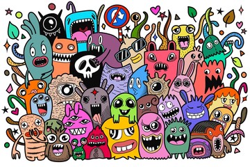 Obraz premium Hand-drawn illustrations, monsters doodle, Hand Drawn cartoon monster illustration,Cartoon crowd doodle hand-drawn Doodle style.