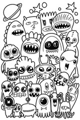 Hand-drawn illustrations, monsters doodle, Hand Drawn cartoon monster illustration,Cartoon crowd doodle hand-drawn Doodle style.black and white stripes coloring  book.
