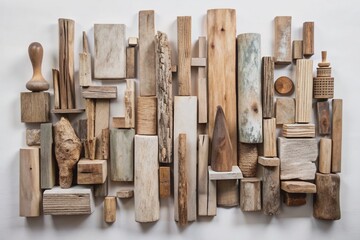 Weathered wooden fragments in various shapes and sizes arranged artfully on a clean white background, showcasing nature's abstract sculptures in muted earthy tones.