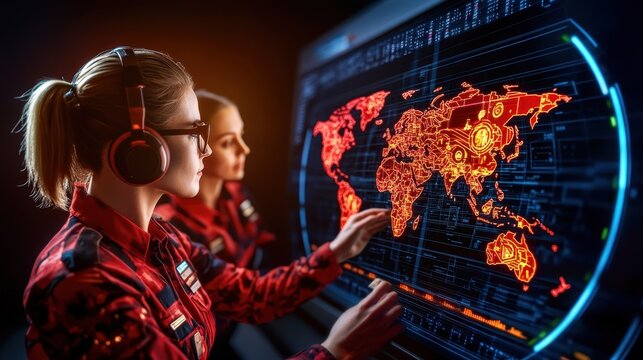 Female analysts examining a digital world map with advanced technology for data visualization in a futuristic setting.