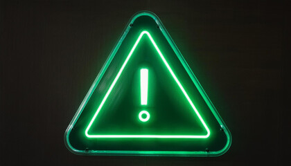 Glowing neon green triangle sign, exclamation point on dark. Warning indicator. Alert signal.