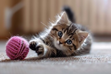 Adorable kitten happily plays with a vibrant pink yarn ball in a cozy home setting