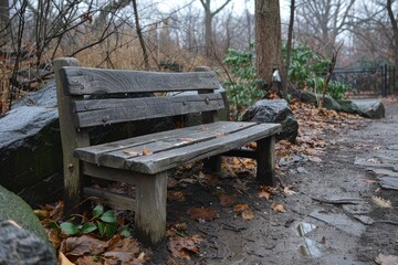 Fototapeta premium Wooden Bench in a Rainy Forest Setting