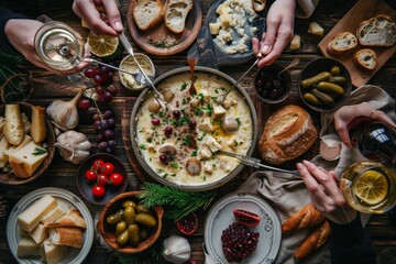 Swiss cheese fondue as new year party meal with bread on long forks, pickles and wine on a dark wooden table, high angle view from above, selected, Generative AI