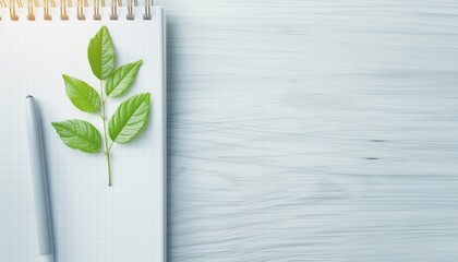 A fresh green leaf placed on a notepad, symbolizing nature and inspiration in a serene workspace setting.