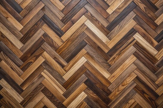 Dark oak and walnut herringbone parquet wooden floor pattern provides a classic, stylish, and sophisticated geometric textured surface for product photography backgrounds.
