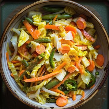 Vibrant Achards de L&eacute;gumes, traditional Reunion Island dish showcasing bright yellow spices, finely cut vegetables, zesty flavor, elegant presentation, fresh and crunchy textures.