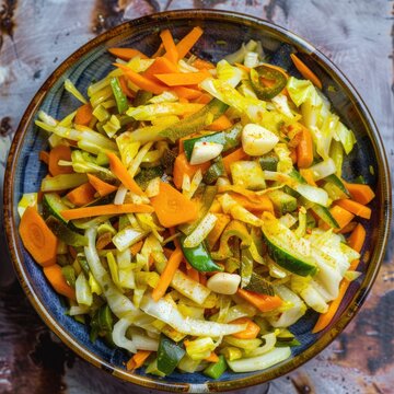Vibrant Achards de L&eacute;gumes, a traditional Reunion Island dish showcasing finely julienned vegetables, bright colors, zesty flavors, and an elegant presentation in a minimalist setting.