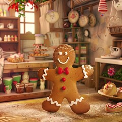 Obraz premium Whimsical Gingerbread Man in a Cozy Bakery, Cheerful character with icing details, surrounded by colorful pastries and festive decorations, evoking a playful holiday spirit