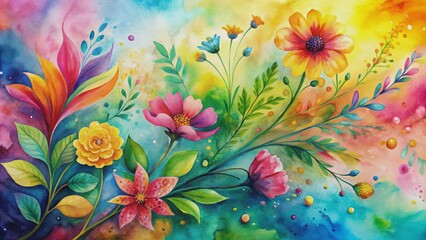 Fototapeta premium Vibrant spring flowers and leaves dance across abstract watercolor ink background in shades of bright pink, yellow, blue, and green, evoking hope and renewal.
