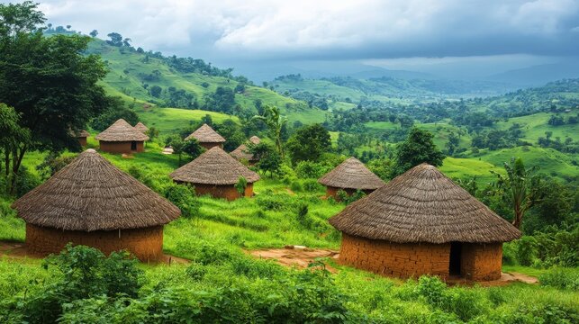 Huts with thatched roofs rest amid rolling green hills under a cloudy sky in a serene Igbo village setting