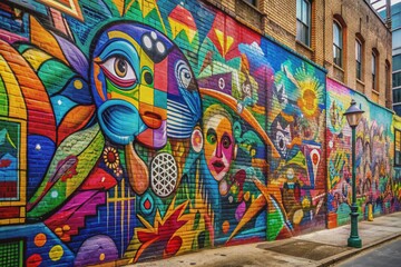 Obraz premium Vibrant hues of spray-painted graffiti art splatter across a worn urban wall, showcasing an eclectic mix of abstract shapes, playful patterns, and bold typography.