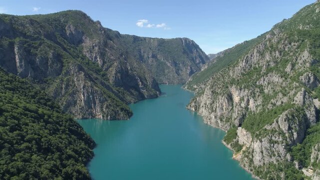 Aerial view of famous Piva Canyon with its fantastic reservoir