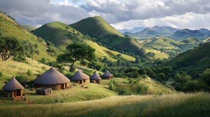 Traditional Zulu kraals are surrounded by lush hills under a dynamic sky, depicting rural life in a picturesque landscape