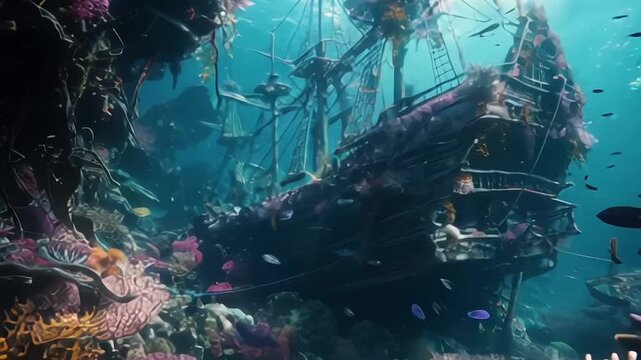 mysterious underwater shipwreck surrounded by curious marine life