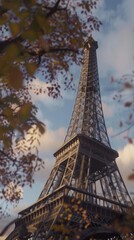 Eiffel Tower at Sunset, majestic silhouette against a vibrant sky, warm golden hues illuminating architectural details, capturing the enchanting ambiance of Paris at dusk.