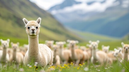 Fototapeta premium A herd of llamas grazing in a lush green field with mountains in the background, creating a serene and picturesque landscape.