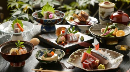 An elegant kaiseki meal served in a traditional Japanese inn, with multiple courses including seasonal appetizers, sashimi, grilled dishes