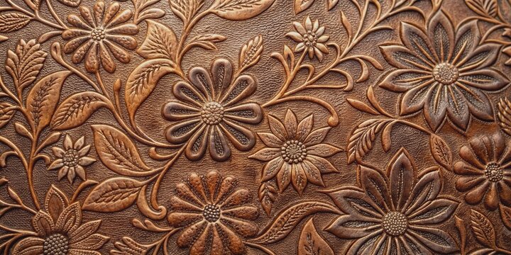 Richly textured worn leather with intricate embossed floral patterns in earthy tones, subtle creases and cracks, evoking a sense of vintage elegance and sophistication.