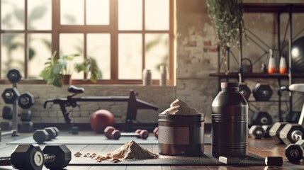 Fototapeta premium An energetic gym scene featuring a tub of protein powder next to a shaker bottle