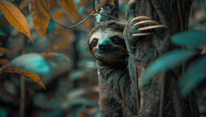 Obraz premium Curious sloth peekaboo in the jungle