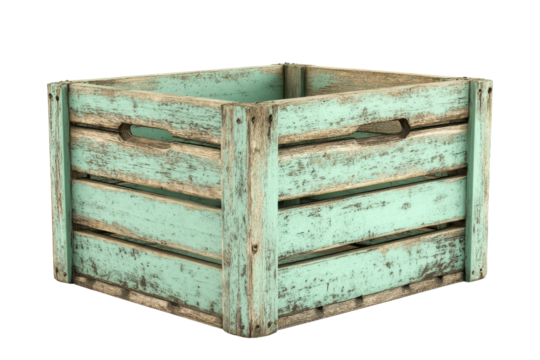 Weathered wooden crate with vintage teal paint, ideal for rustic decor, storage, and DIY projects.