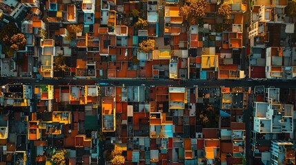Vibrant Neighborhood Overhead, an aerial view of a lively Latin American community, showcasing colorful homes, grid-like streets, and warm midday light casting dynamic shadows.