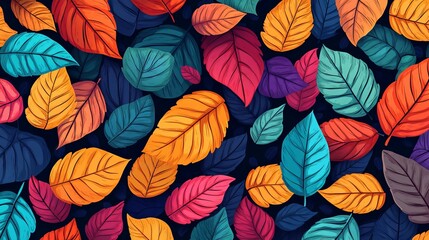 Fototapeta premium Colorful autumn leaves are drawn in a simple cartoon style. They are repeating infinitely on a background of autumn colors.