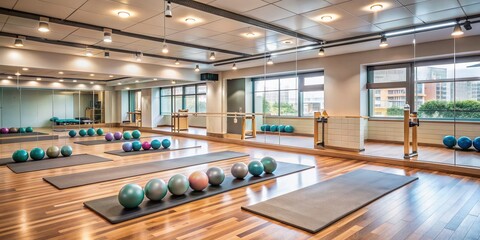 Empty pilates studio with mirrored walls, mats, and balls, conveying a sense of community and fun, awaiting a group of energetic Asian senior friends for their fitness class.