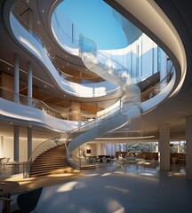 Fototapeta premium Spiraling Atrium with Glass Ceiling, showcasing light blue and gray tones, layered fibers and veneer panels, subtle lighting, designed for sustainable science academia.