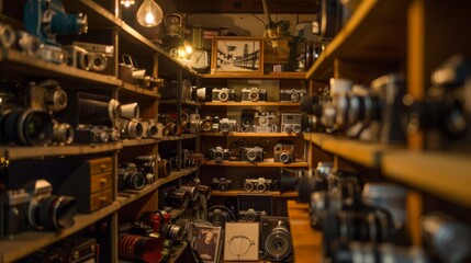 An old camera shop filled with vintage cameras and lenses, each shelf telling a story of photographic history, bathed in warm, nostalgic lighting.