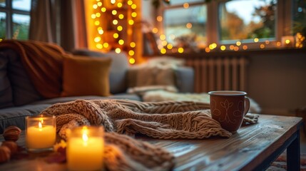 Fototapeta premium Cozy Living Room During Autumn Evening With Warm Lighting and Comfortable Textiles