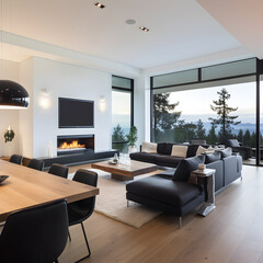 Modern Minimalist Living Room and Dining Area with a Panoramic View and Stylish Furniture