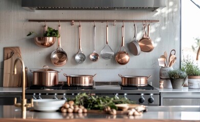 Modern Kitchen Featuring Sleek Stainless Steel Appliances and Copper Cookware in a Bright, Contemporary Space
