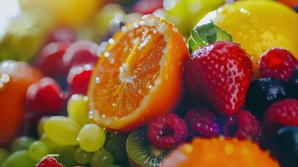 Fresh colorful fruits close up on a warm day, illuminated by the sun's rays