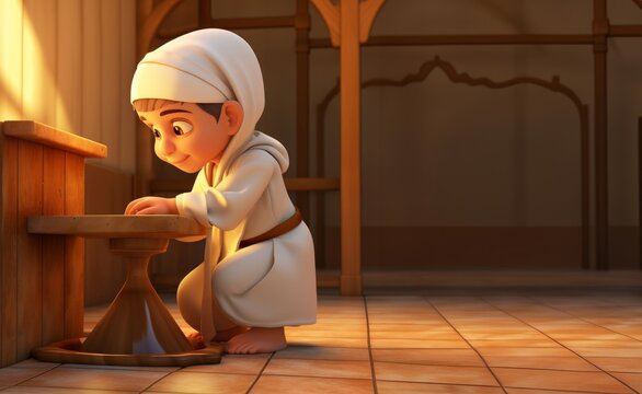 A serene moment captured in a photograph, depicting a little girl engaged in the Islamic ritual of abdest, symbolizing purity and spiritual cleansing before prayer.Generated image