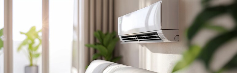 Air conditioning on the wall in the bright interior of the living room