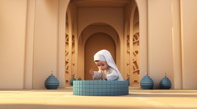 A serene moment captured in a photograph, depicting a little girl engaged in the Islamic ritual of abdest, symbolizing purity and spiritual cleansing before prayer.Generated image