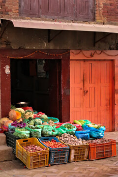 Many fresh and colorful vegetables are presented in a typical, traditional street stall, street shop in the city center of Bhaktapur, Nepal