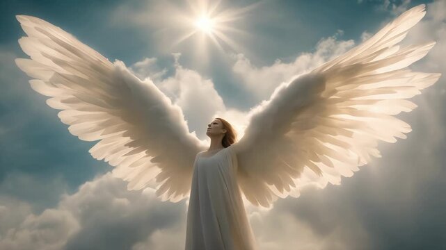 Ethereal angel spirit gliding through a vibrant blue sky adorned with fluffy clouds